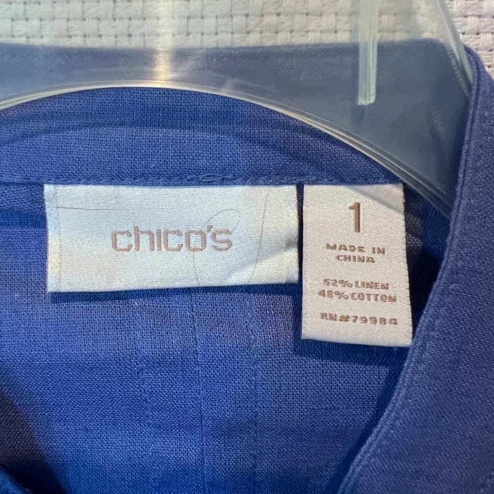 Chicos Periwinkle Blue Linen Blend Open Front Pleated Jacket Size 1 Medium